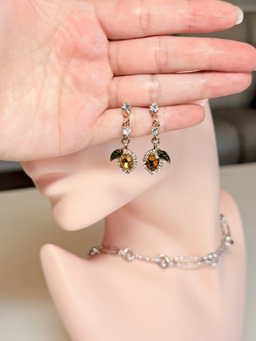 Gold Drop Earrings with Amber Crystal and Green Leaf - Picture 13 of 14